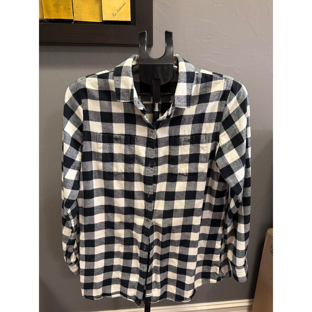 Woolrich Womens Black White Buffalo Plaid Flannel Button Down Shirt Size Medium